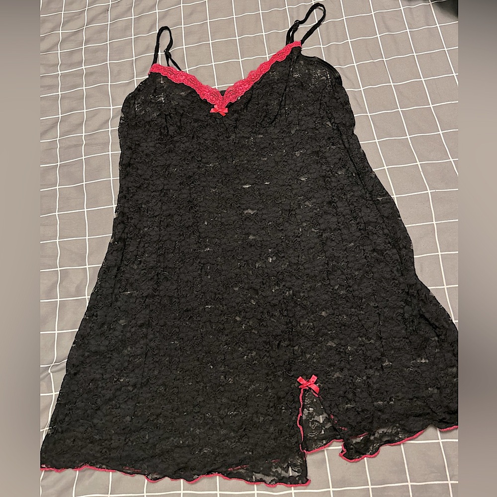 Black Lace Slip Dress BNWOT XXL with Pink Lace Detailing and Pink Bows Size 2X